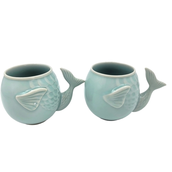 Set of Longquan Celadon mermaid whale tail mugs - Picture 1 of 8